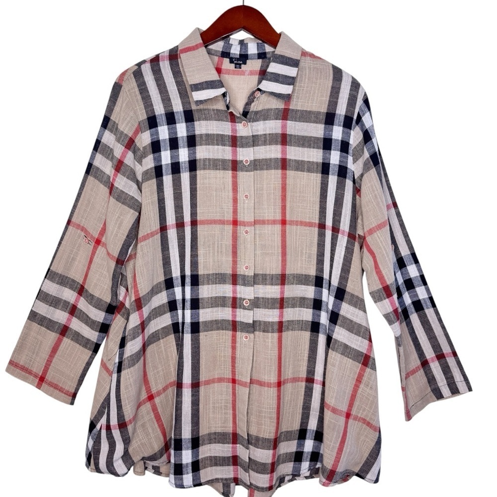 SHANA Button Font Plaid Tunic Top Size XL in Tan, Red, Black Plaid